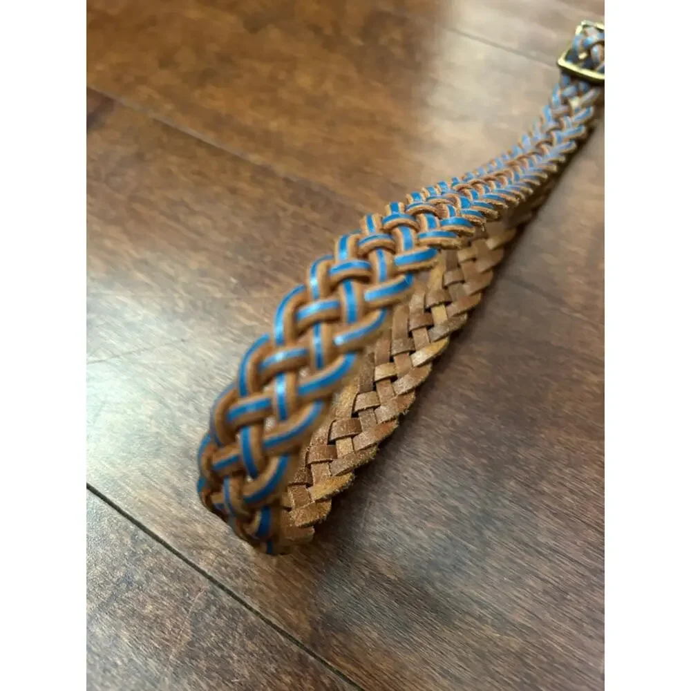 Skinny Braided Brown Leather Belt with Blue Trim, Size M/L
